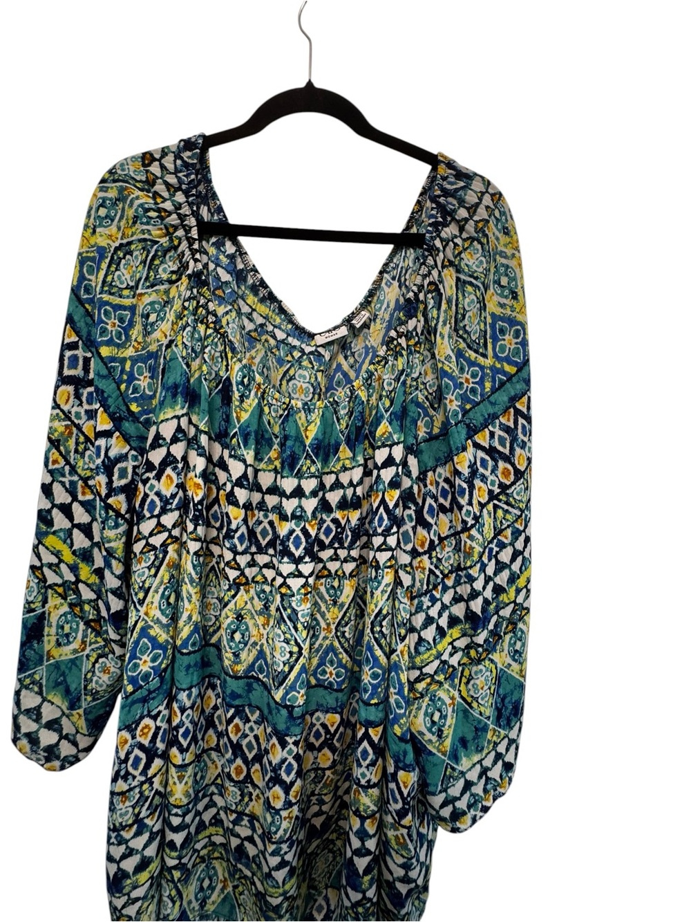 Cato’s Printed V-Neck Peasant Blouse in Teal and Yellow